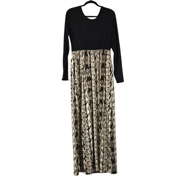 Women's Size Medium Dress Maxi Long Sleeve Snake Skin Pattern Black Cream Tan - Picture 1 of 5